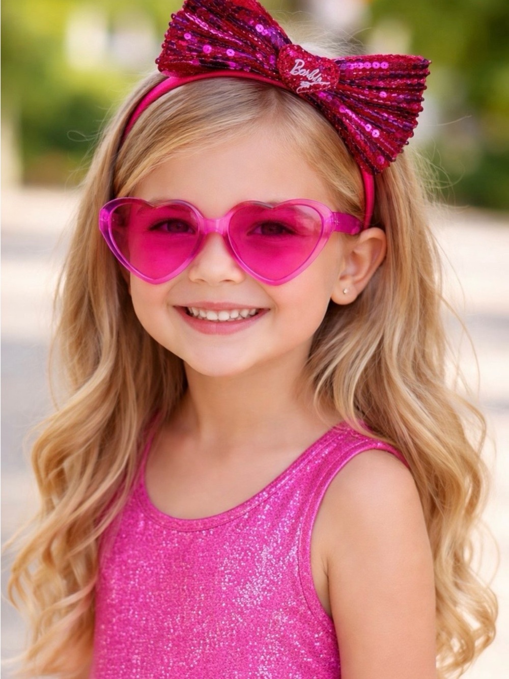 Barbie Hot Pink Sequin Bow Headband with Heart Sunglasses